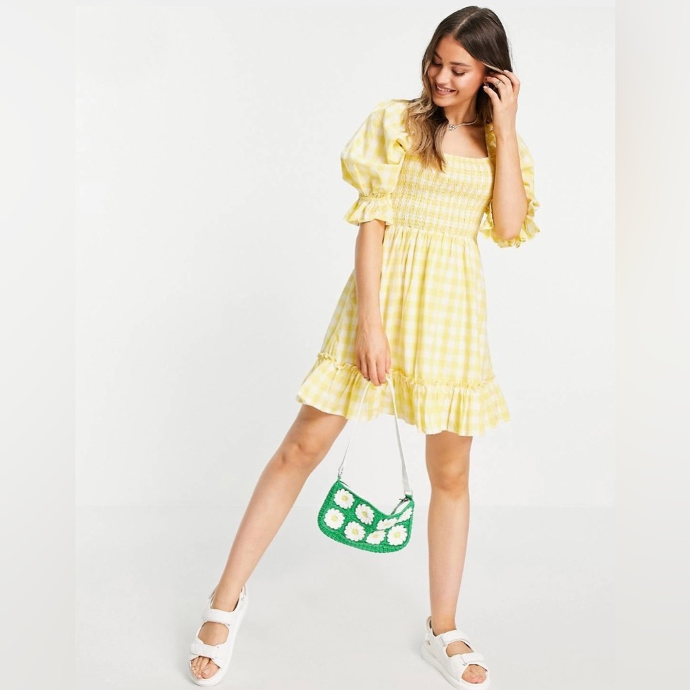 ASOS NEW LOOK | Tie Back Shirred Smocked Dress in Yellow Gingham.